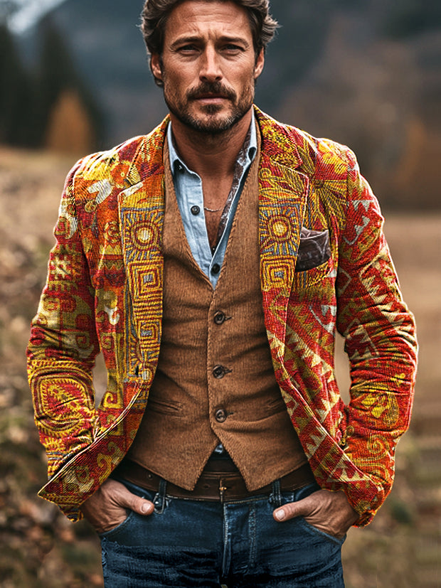 Gentleman Vintage Ethnic Geometric Art Print Corduroy Lapel Blazer