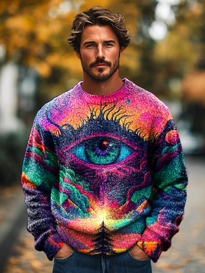 Gentleman Vintage Mystic Eye Art Print Knit Crew Neck Pullover Shirt