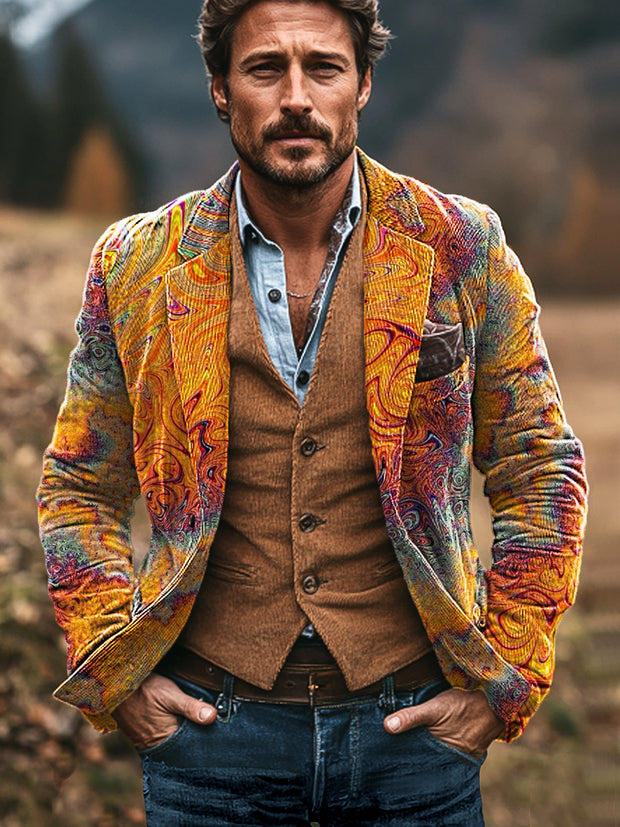 Gentleman Vintage Abstract Textured Art Print Corduroy Lapel Blazer