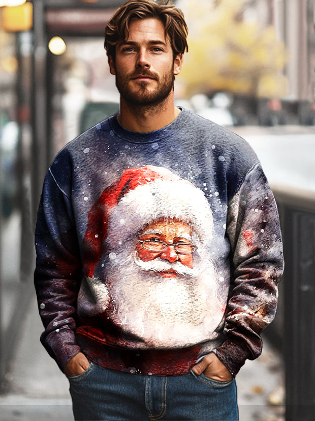 Christmas Painted Santa Vintage Print Cotton Crew Neck Sweatshirt