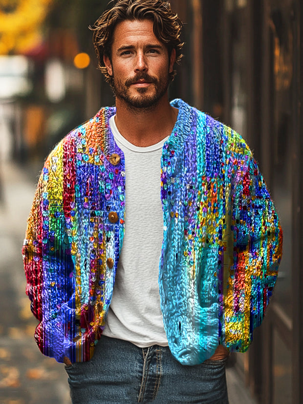 Gentleman's Vintage Multicolor Gradient Geometric Art Print Knit Cardigan