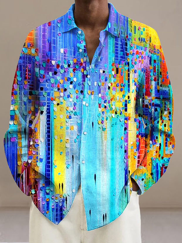 Gentleman Vintage Multicolor Gradient Geometric Art Print Lapel Long Sleeve Shirt