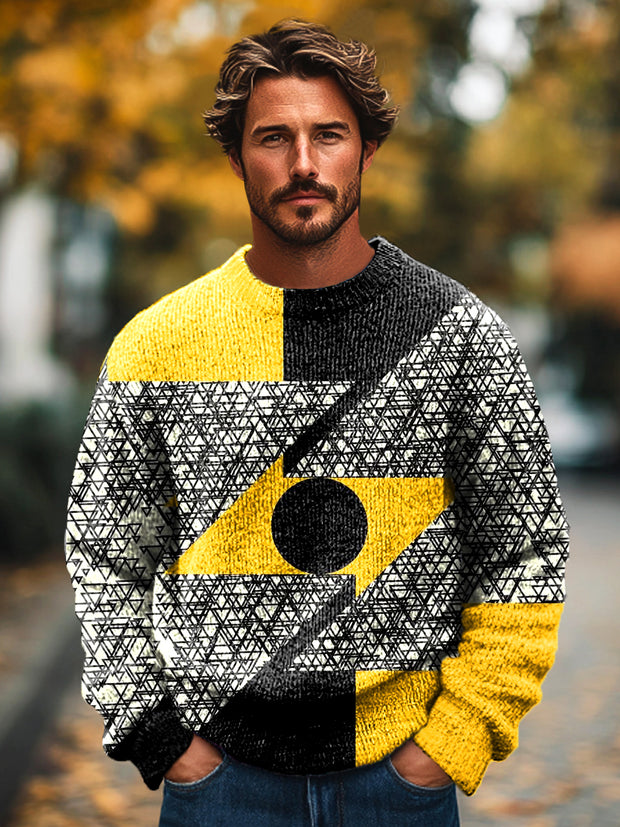 Gentleman Vintage Color Geometric Art Print Knit Crew Neck Pullover Hoodie