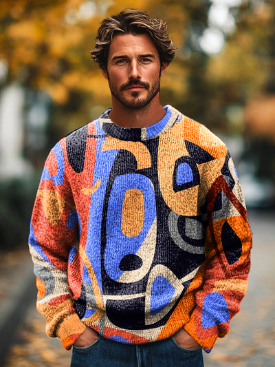 Gentleman Vintage Colorful Irregular Geometric Art Print Knit Crew Neck Pullover Sweater