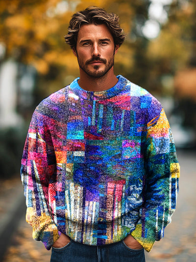 Gentleman Vintage Abstract Colorful Geometric Art Print Knit Crew Neck Pullover Sweater