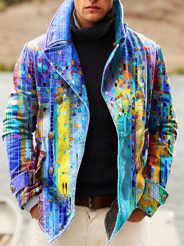 Gentleman Vintage Multicolor Gradient Geometric Art Print Lapel Double Breasted Jacket