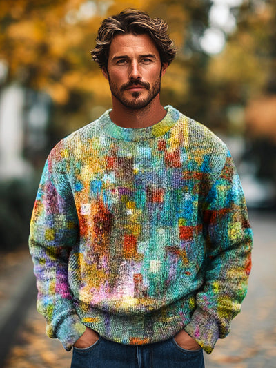 Gentleman Vintage Colorful Abstract Art Print Knit Crew Neck Pullover Sweater