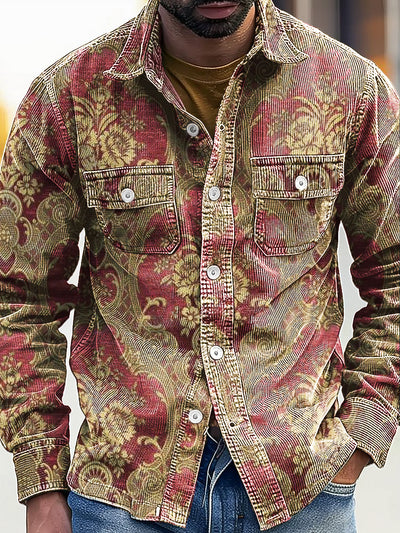 Vintage African Floral Art Print Corduroy Lapel Long Sleeve Pocket Shirt