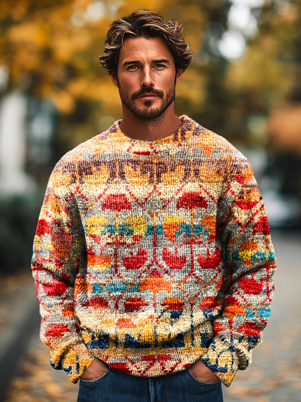 Gentleman Vintage Ethnic Irregular Art Print Knit Crew Neck Pullover