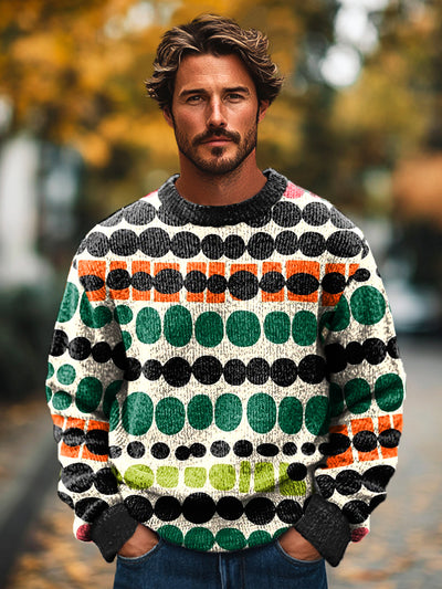 Gentleman Vintage Abstract Multicolor Polka Dot Art Print Knit Crew Neck Pullover Sweater