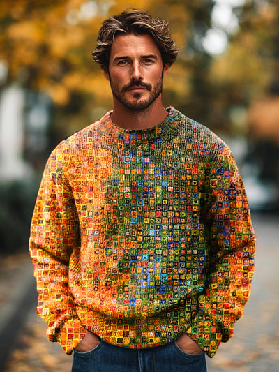 Gentleman Vintage Gradient Geometric Oil Art Print Knit Crew Neck Pullover