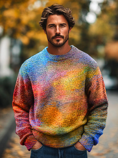 Gentleman Vintage Rainbow Color Swoosh Art Print Knit Crew Neck Pullover