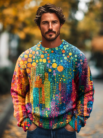 Gentleman Vintage Rainbow Gradient Dot Art Print Knit Crew Neck Pullover Sweater