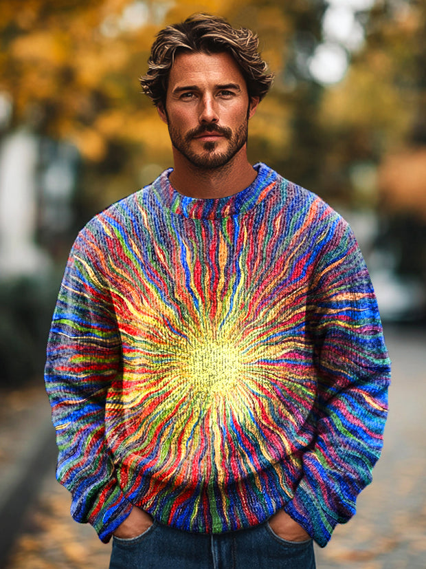 Gentleman Vintage Multicolor Abstract Sun Art Print Knit Crew Neck Pullover Shirt