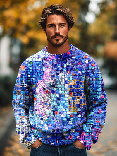 Gentleman's Vintage Color Gradient Geometric Oil Art Print Knit Crew Neck Pullover