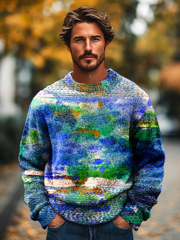 Gentleman's Vintage Color Gradient Ink Painting Art Print Knit Crew Neck Pullover