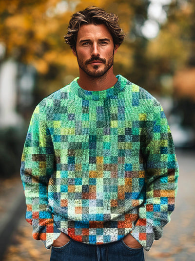 Gentleman Vintage Simple Gradient Mosaic Art Print Knit Crew Neck Pullover Sweater