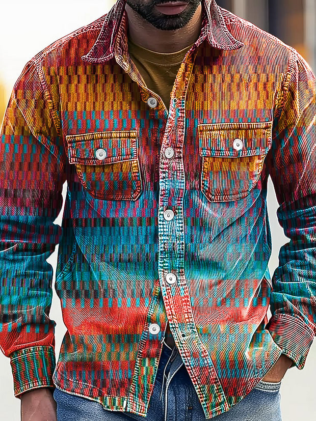 Vintage African Rainbow Stripe Art Print Corduroy Lapel Long Sleeve Pocket Shirt