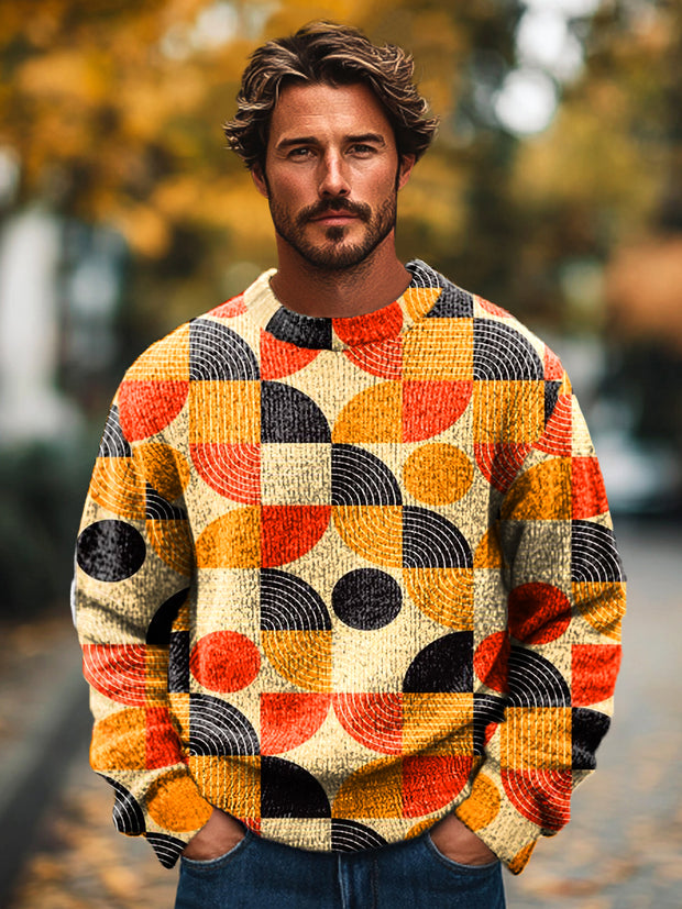 Gentleman Vintage Multicolor Scalloped Line Art Print Knit Crew Neck Pullover