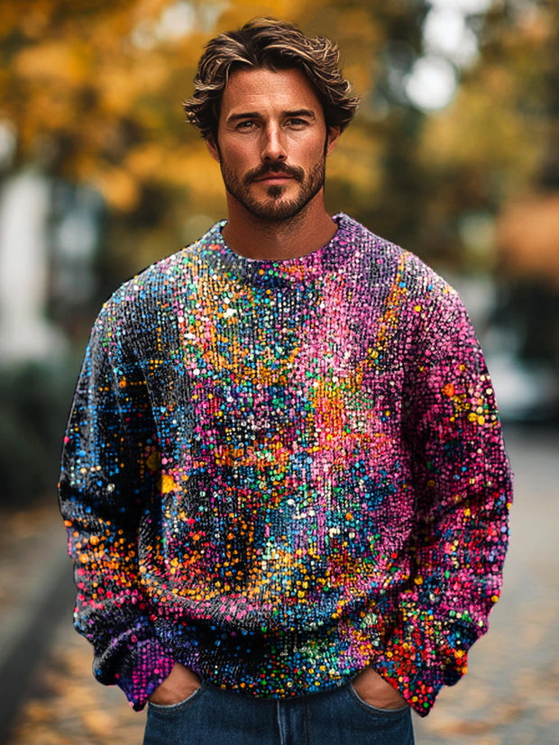 Gentleman Vintage Abstract Colorful Dots Art Print Knit Crew Neck Pullover Shirt