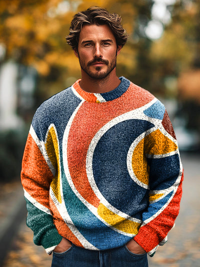 Gentleman's Vintage Colorblock Wave Art Print Knit Crew Neck Pullover