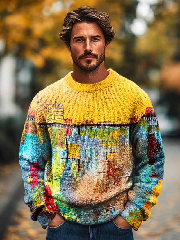 Gentleman's Vintage Abstract Irregular Colorblocking Art Print Knit Crew Neck Pullover Hoodie