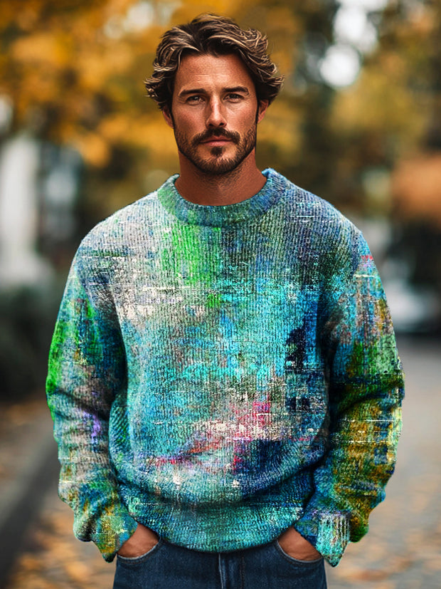 Gentleman Vintage Abstract Gradient Color Art Print Knit Crew Neck Pullover