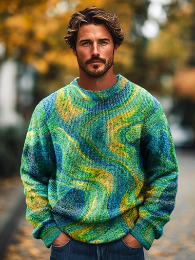 Gentleman Vintage Multicolor Wave Line Art Print Knit Crew Neck Pullover Sweater