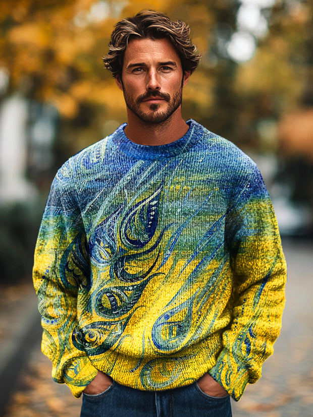 Gentleman's Vintage Gradient Botanical Painted Art Printed Knit Crew Neck Pullover