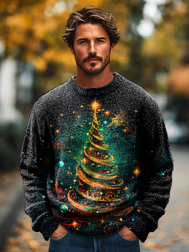 Christmas Fantasy Christmas Tree Vintage Print Knit Crew Neck Pullover Sweater