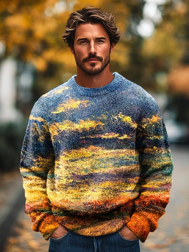 Gentleman Vintage Abstract Gradient Landscape Art Print Knit Crew Neck Pullover Sweater