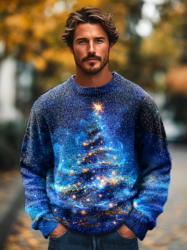 Christmas Mystery Christmas Tree Vintage Print Knit Crew Neck Pullover Sweater