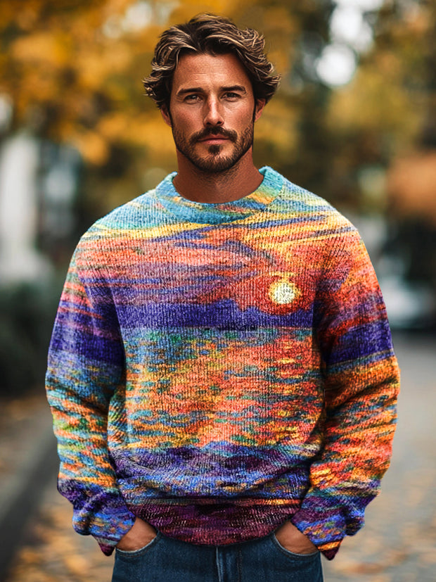 Gentleman Vintage Abstract Gradient Sunset Art Print Knit Crew Neck Pullover Sweater