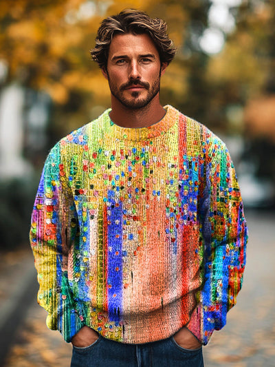 Gentleman's Vintage Multicolor Abstract Gradient Art Printed Knit Crew Neck Pullover