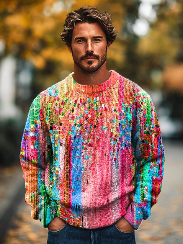 Gentleman's Vintage Multicolor Abstract Gradient Art Printed Knit Crew Neck Pullover