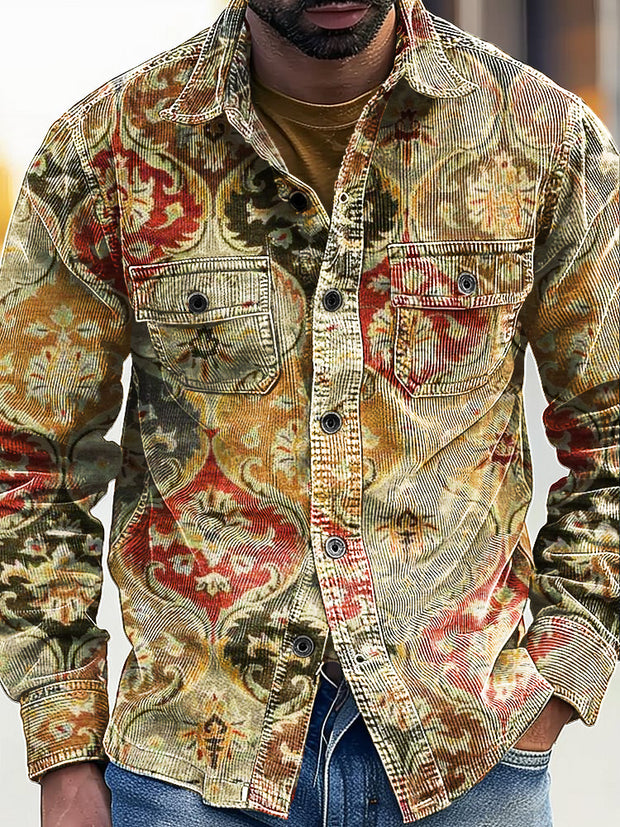 Vintage African Ethnic Floral Art Print Corduroy Lapel Long Sleeve Pocket Shirt