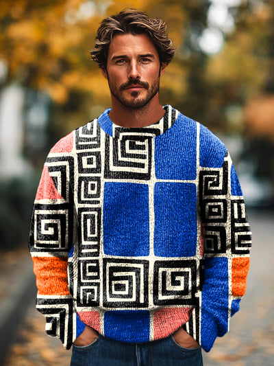 Gentleman Vintage Abstract Color Block Line Art Print Knit Crew Neck Pullover