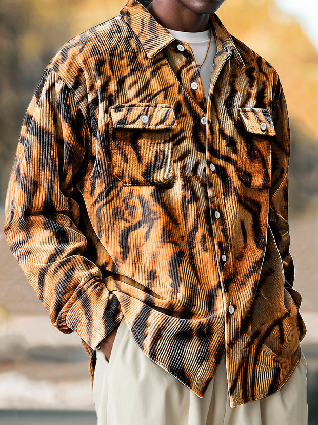 Vintage Abstract Classic Tiger Art Print Corduroy Lapel Long Sleeve Pocket Shirt