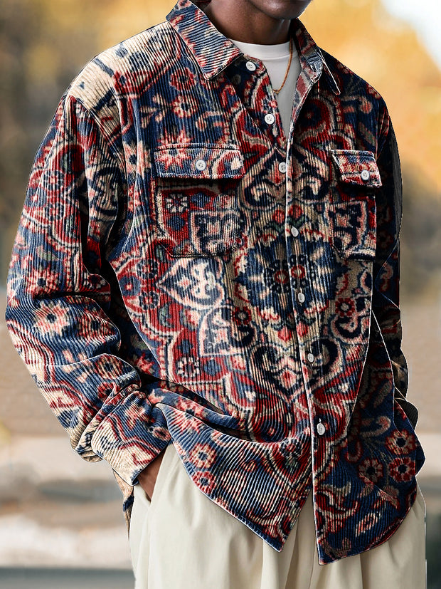 Vintage Ethnic Geometric Floral Art Print Corduroy Lapel Long Sleeve Pocket Shirt