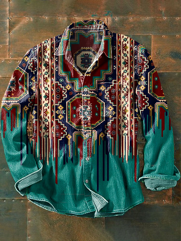 Unisex Vintage Ethnic Geometric Art Print Lapel Long Sleeve Pocket Shirt