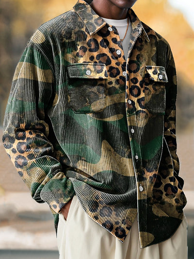 Vintage Abstract Camouflage Leopard Art Print Corduroy Lapel Long Sleeve Pocket Shirt