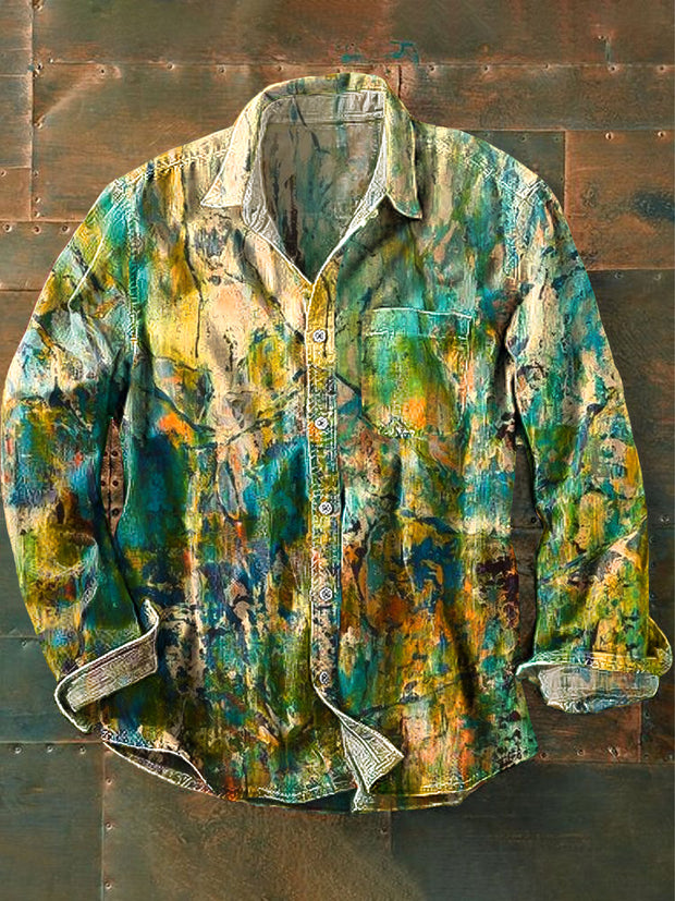 Unisex Vintage Multicolor Ink Abstract Art Printed Lapel Long Sleeve Pocket Shirt