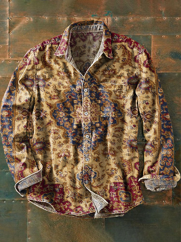 Unisex Vintage Ethnic Geometric Floral Art Print Lapel Long Sleeve Pocket Shirt