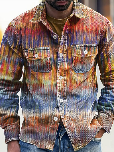 Vintage Rainbow Gradient Line Art Print Corduroy Lapel Long Sleeve Pocket Shirt