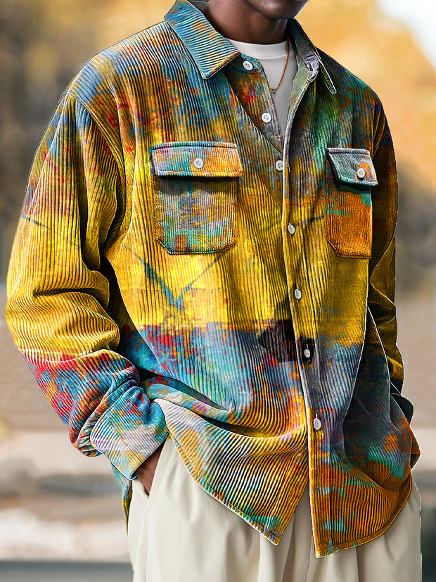 Vintage Abstract Gradient Art Print Corduroy Lapel Long Sleeve Pocket Shirt