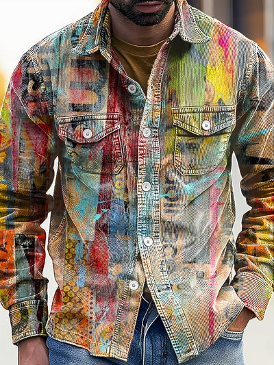 Vintage Abstract Colorful Graffiti Art Print Corduroy Lapel Long Sleeve Pocket Shirt