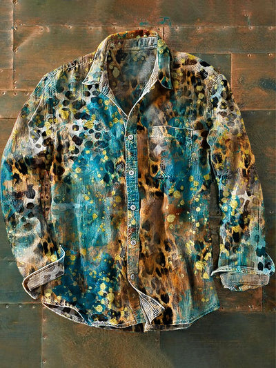 Unisex Vintage Western Abstract Leopard Art Print Lapel Long Sleeve Pocket Shirt