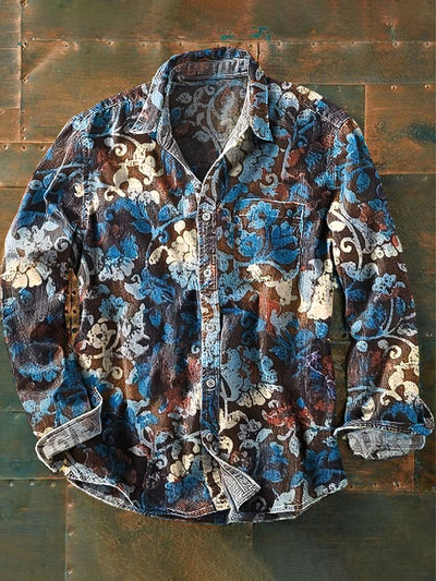 Unisex Vintage Western Floral Art Print Lapel Long Sleeve Pocket Shirt