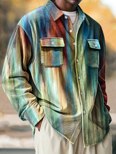 Vintage Abstract Multicolor Gradient Art Print Corduroy Lapel Long Sleeve Pocket Shirt