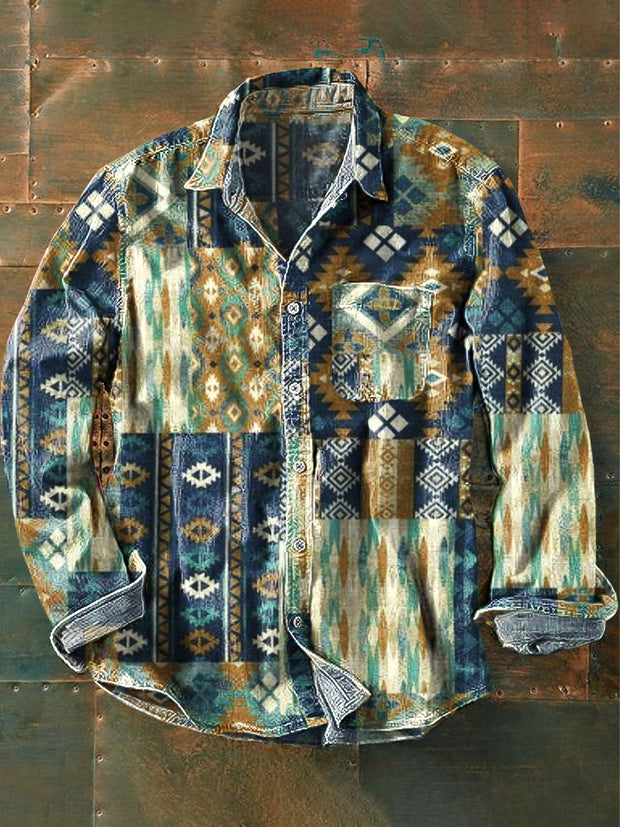 Unisex Vintage Western Geometric Patchwork Art Print Lapel Long Sleeve Pocket Shirt